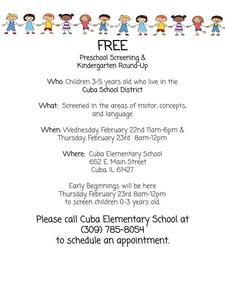 Poster with details about free preschool screening and kindergarten round-up